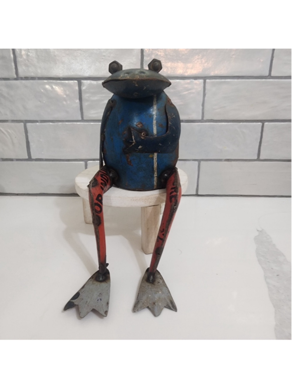 Recycled Metal Frog Fisherman Figurine Rustic Folk Art